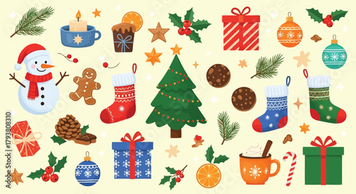 Colorful christmas and holiday illustration with snowman, tree, gifts, and festive decorations