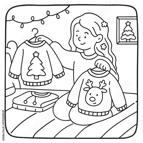 Cozy Girl Christmas Coloring Pages,  Cozy Girl Christmas  Coloring Pages for Kids & Adults, Christmas Coloring Pages, bold & easy cozy winter coloring book pages, vector art, line art 