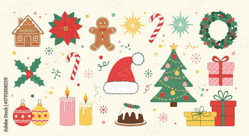 Colorful christmas and holiday icons set with santa, tree, candy, and gift boxes