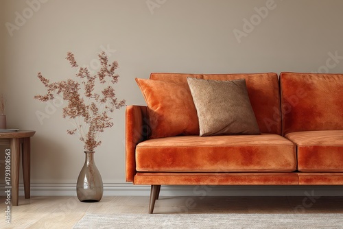 Orange Velvet Sofa with Wooden Legs and Decorative Pillow in Neutral Toned Room with Floral Arrangement and Carpet