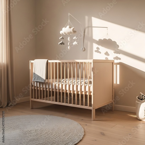 Nursery wall mockup in Scandinavian baby room, soft wooden crib interior, gender-neutral design, 3D render