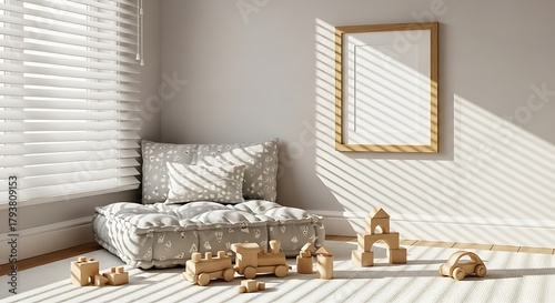 Kids corner wall mockup in Scandinavian playroom, wooden toys and soft sunlight, unisex interior, 3D render