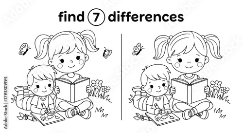 Find seven differences puzzle with two girls reading books in black and white