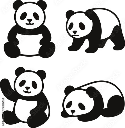 Playful Pandas: A collection of cute panda illustrations showcasing the charm and gentle nature of these beloved creatures in various adorable poses.
