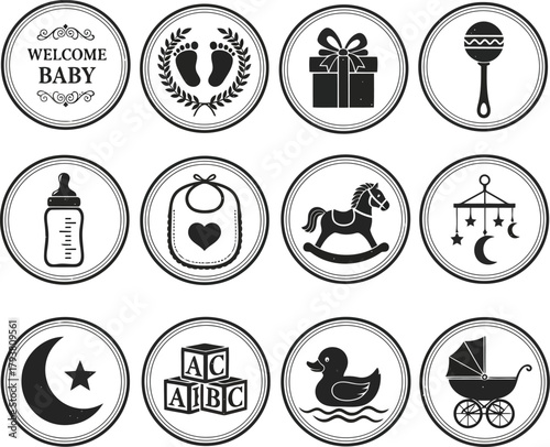 Newborn baby shower icons set: welcome, footprints, rattle, bottle, bib, stroller & toys