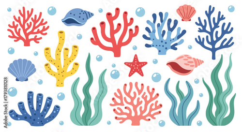 Colorful coral reef elements with seaweed, shells, and bubbles in flat design style