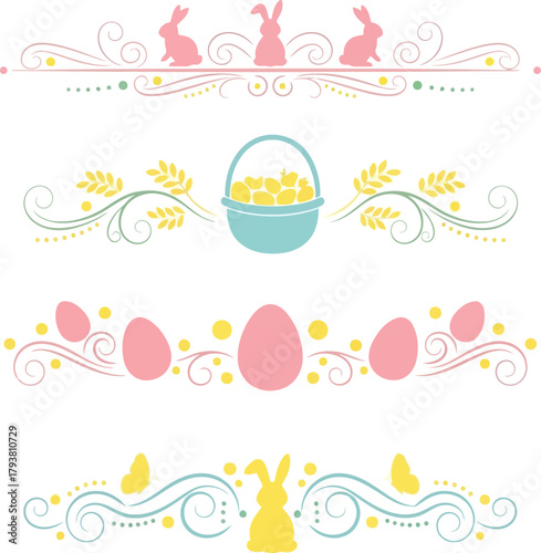 Charming easter spring dividers with cute bunnies, pastel eggs, basket, and swirls