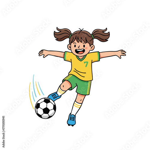 Young girl playing soccer with energetic movement