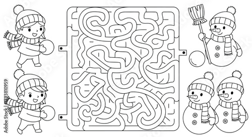 Winterthemed maze puzzle with children and snowman illustrations for fun activity