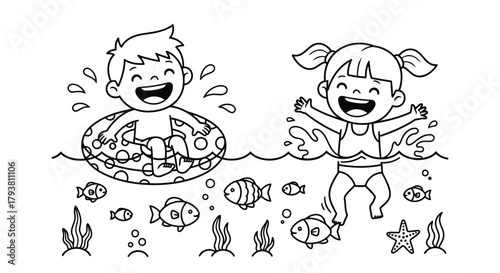 Happy children playing with inflatable ring and splashing in water with colorful fish