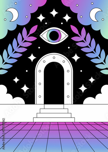 Mystical Portal Illustration with Eye Symbol and Cosmic Night Sky