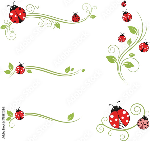 Cute ladybug and green leaf swirls vector set for spring summer decorations