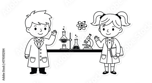Two young scientists in lab coats conducting chemistry experiments with beakers and microscope