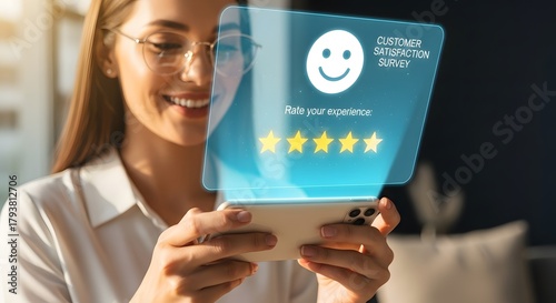 Customer Satisfaction Survey Hologram Displayed on Smartphone.