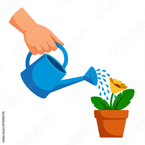 Hand watering a potted yellow flower with a blue watering can on a white background