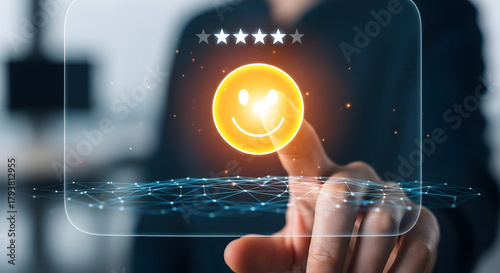 Customer satisfaction survey with a happy face and star rating.