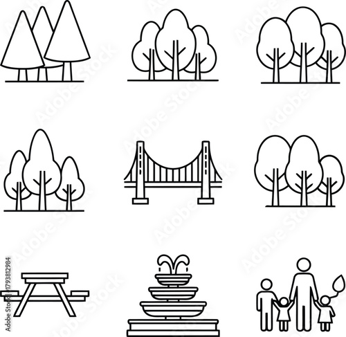 Minimalist park & outdoor line icons: nature, cityscape, family, trees, bridge, fountain