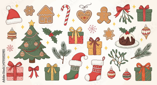 Assorted christmasthemed icons and illustrations including trees, gifts, and decorations