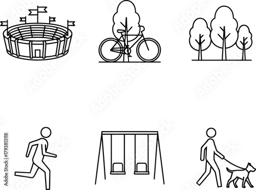 Outdoor recreation park icons: stadium, cycling, running, swings, dog walking, leisure activities set