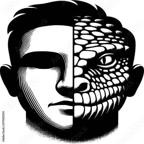 Dual Nature: A striking illustration of a human face merging with a reptile, symbolizing the duality of nature and the hidden aspects of identity.