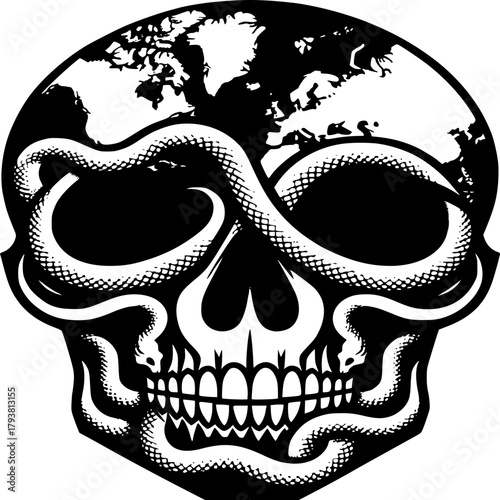Eternal Earth: A chilling emblem featuring a skull intertwined with serpentine figures, bearing the planet earth, symbolizing an everlasting presence.