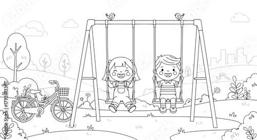 Two children playing on a swing in a park with trees, bicycle, and sunny background
