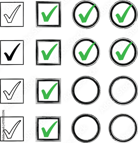 Green checkmark icons set: hand drawn & clean styles for to do lists, surveys