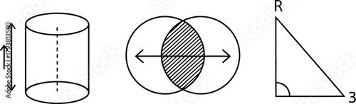 Essential math & geometry diagrams: cylinder, venn diagram, right triangle concepts