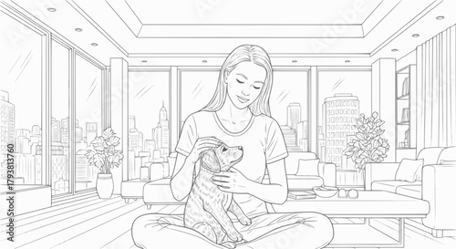 Outline vector illustration of a young woman cradling a puppy in a modern city apartment, emphasizing pet love and comfort: Design for veterinary clinic brochure, or wellness blog, EPS version.