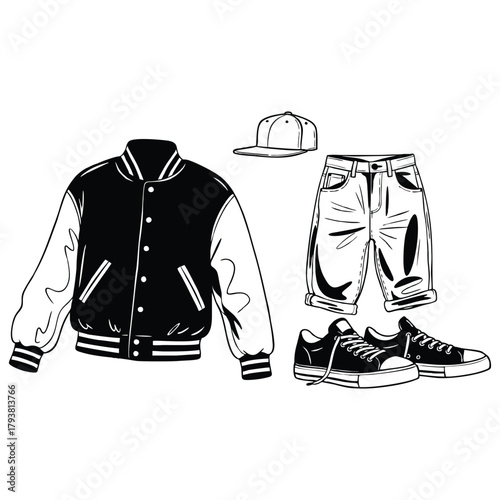 Streetwear style vector illustration featuring varsity jacket and denim shorts