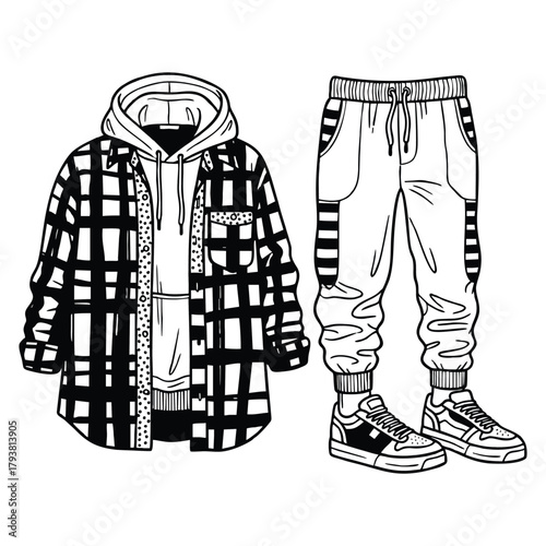 Trendy streetwear fashion collection with flannel, hoodie, joggers and sneakers