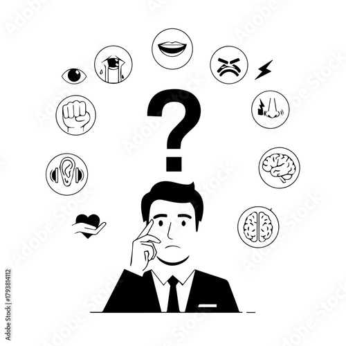 Businessman Thinking with Various Emotional Icons.