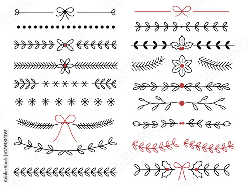 Winter ornamental dividers set with snowflakes, floral borders, Christmas-themed separators, hand-drawn decorative lines ideal for holiday cards, festive invitations