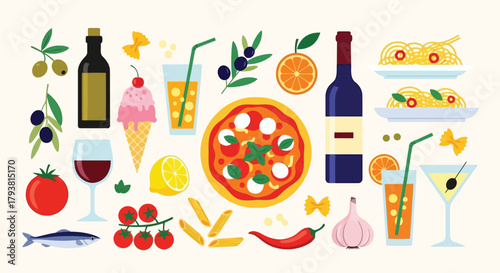 Colorful assortment of italian cuisine and mediterranean food icons including pizza, pasta, wine, and fruits
