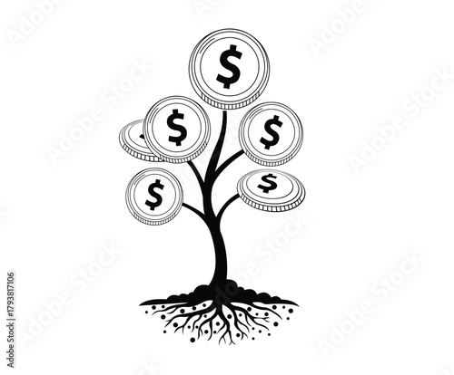 Financial Growth: A visual metaphor depicting the concept of financial growth, showcasing a stylized tree bearing dollar coins as its fruits, symbolizing the flourishing of wealth and investment.