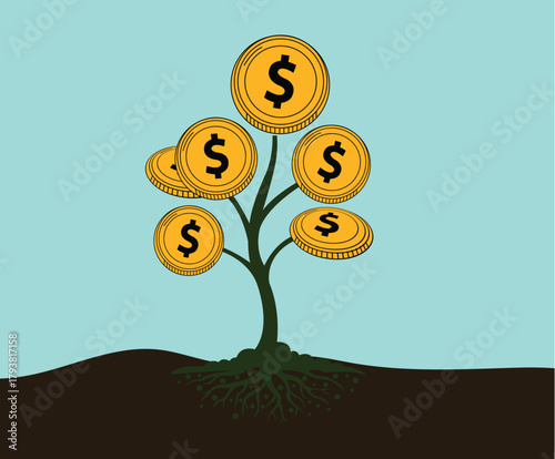 Financial Growth Concept: A symbolic illustration depicting a money tree flourishing, with dollar coins as leaves. Symbolizing investment, prosperity, and financial growth.