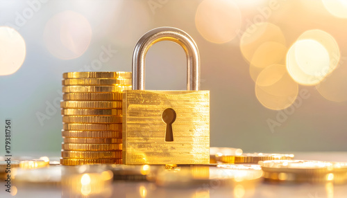 Padlock with golden coins in the background, highlighting security, wealth management, and money safety.