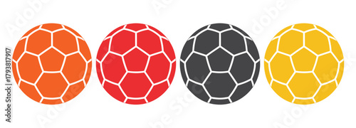 Handball sport vector set including dynamic player actions, game equipment, ball icons
