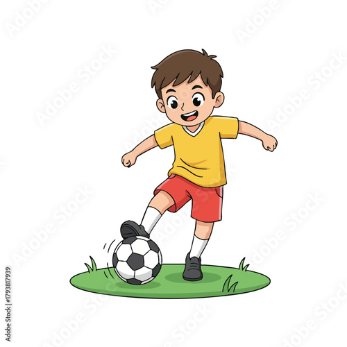 Young boy plays soccer on grassy field energetic outdoor activity