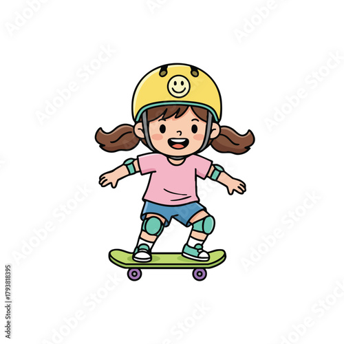 Happy Young Girl Skateboarding With Safety Gear