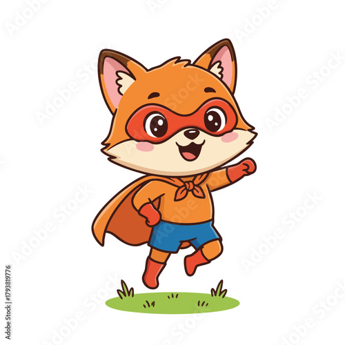 Cute cartoon fox superhero character in action pose