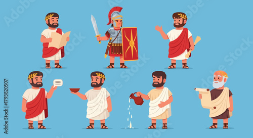 Cartoon illustration of seven ancient Roman men in various poses, including reading, fighting, serving, and writing, against a light blue background.