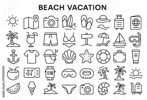 Beach Vacation Outline Icon Set. Summer Travel Elements and Seaside Holiday Line Icons, Isolated Vector Collection.