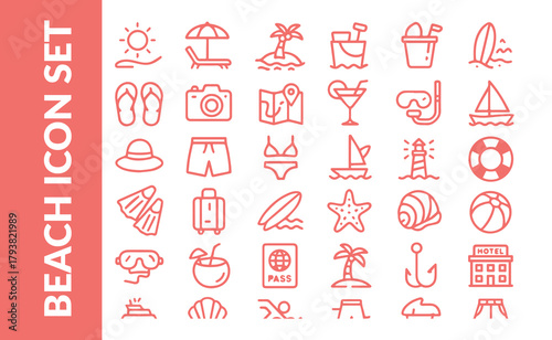 Beach and Summer Vacation Outline Icon Set. Seasonal Travel Elements Line Icons, Isolated Vector Illustration.