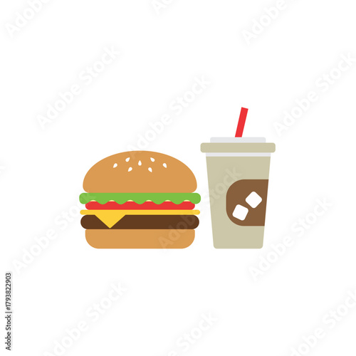 Flat vector illustration of a cheeseburger and a soda drink, symbolizing fast food, combo meal, restaurant menu, and casual dining.