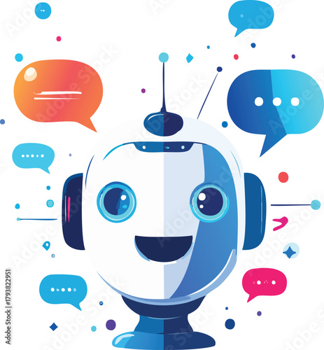 Chatbot Face Emerging from Speech Bubbles, Representing AI Communication, Digital Interaction, and Conversational Technology