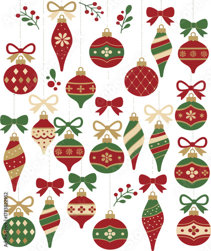 A festive pattern of red, green, and gold Christmas ornaments (balls and teardrops), accented by bows and berry sprigs, creating a charming, traditional holiday design
