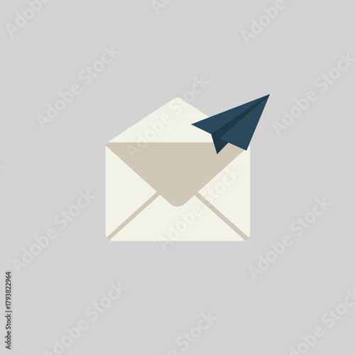 Flat vector illustration of an envelope with a paper airplane flying out, symbolizing email, message delivery, send icon, and communication.