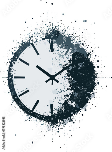 Clock Made of Digital Pixels Disintegrating, Representing Time Management, Digital Transformation, and Fleeting Moments