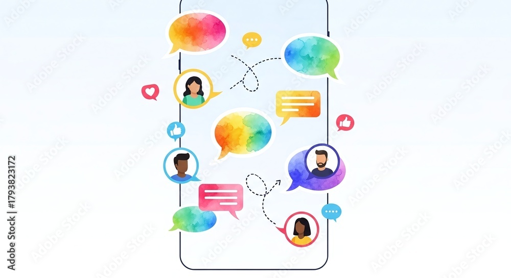 Naklejka premium Vibrant digital conversation flow on a smartphone representing diverse social media engagement